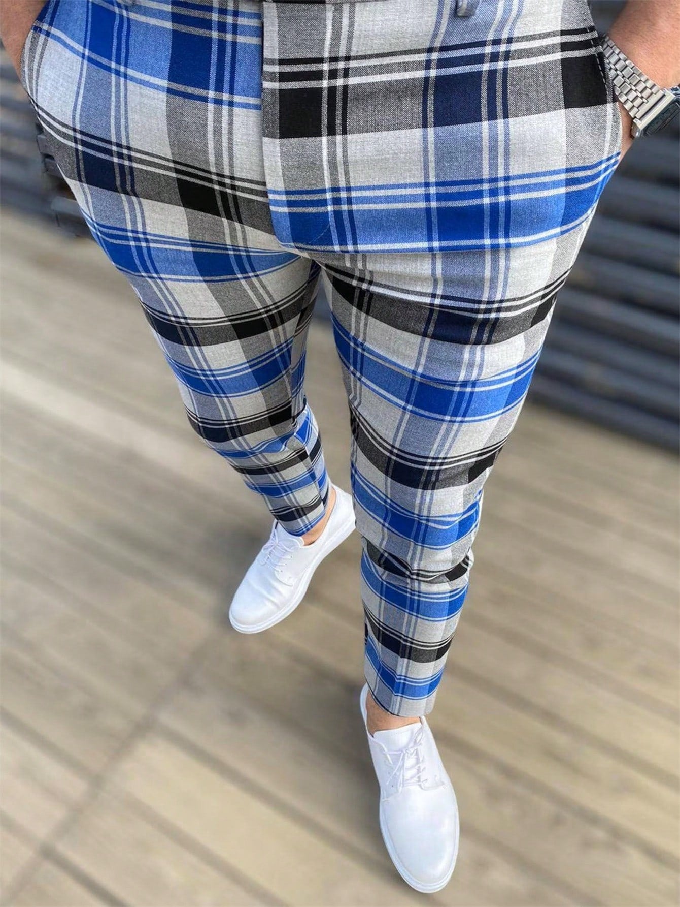 Men Plaid Print Slant Pocket Suit Pants