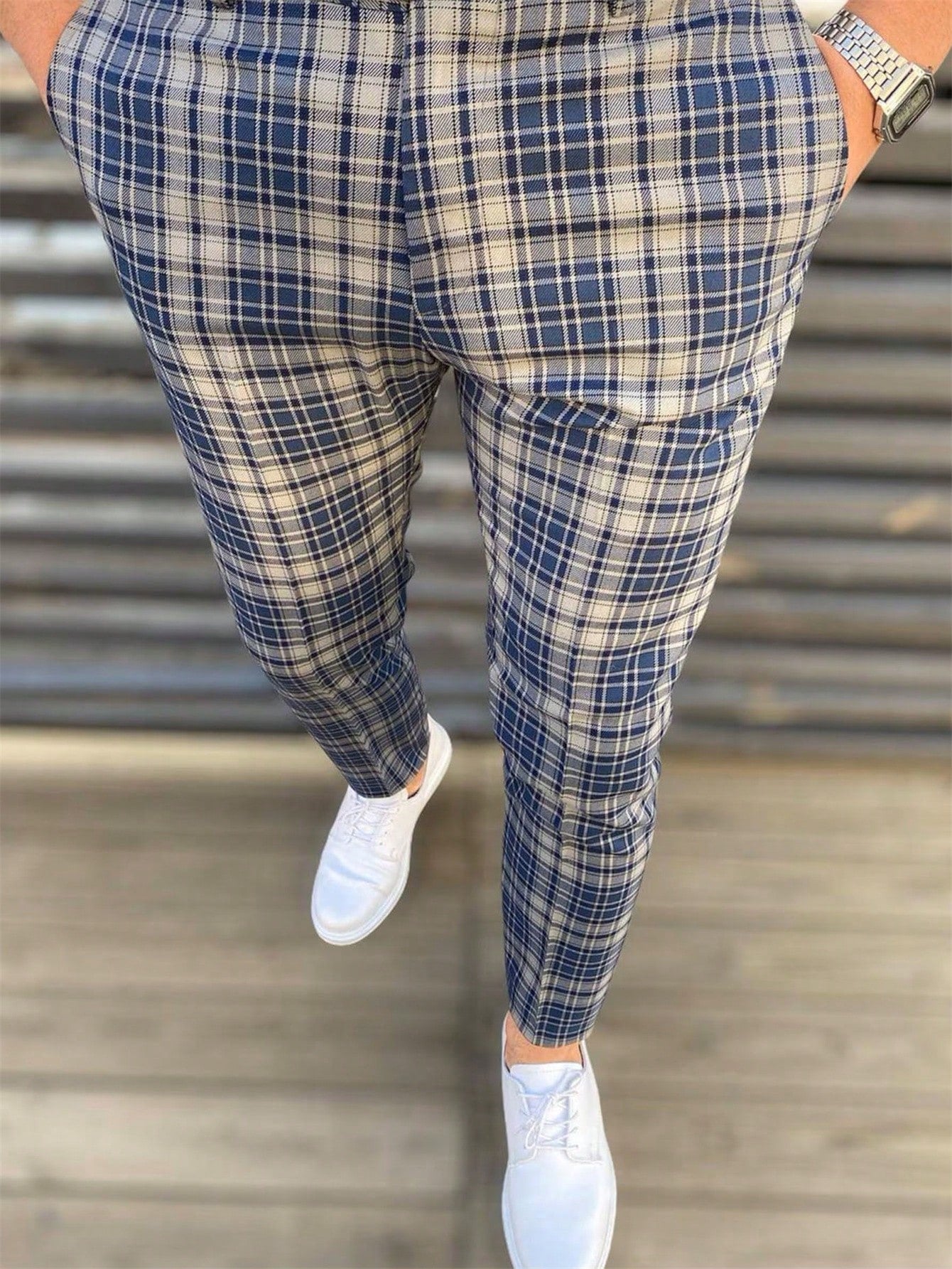 Men Plaid Print Slant Pocket Suit Pants