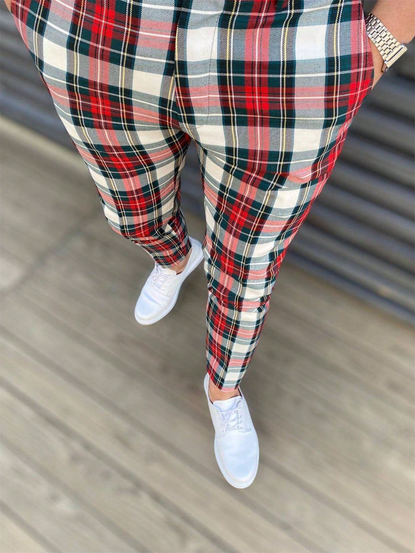 Men Plaid Print Slant Pocket Suit Pants