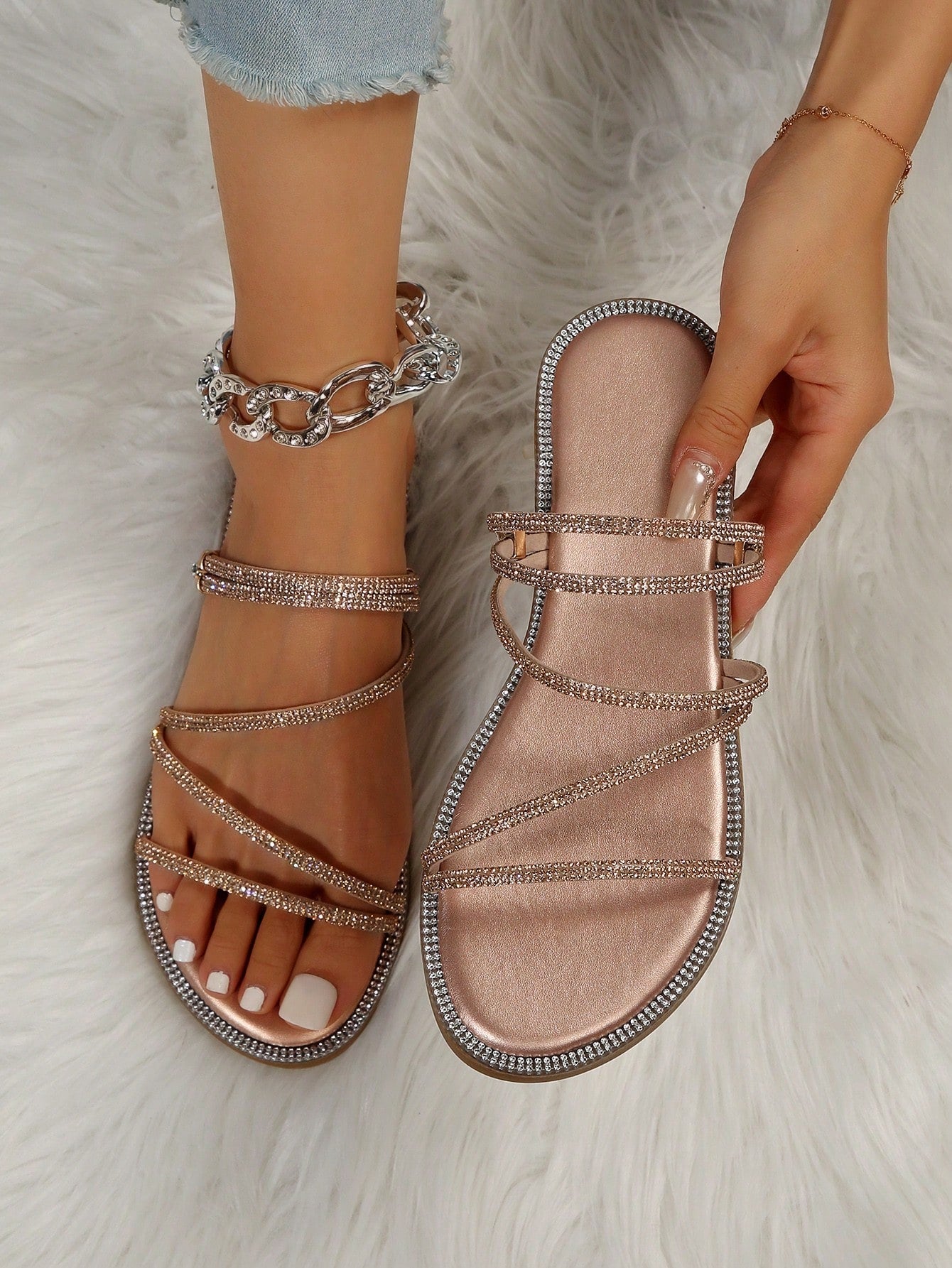 New Summer Style Glass Rhinestone Flat Sandals, Comfortable And Fashionable Open Toe Slippers With Two-Wear Options