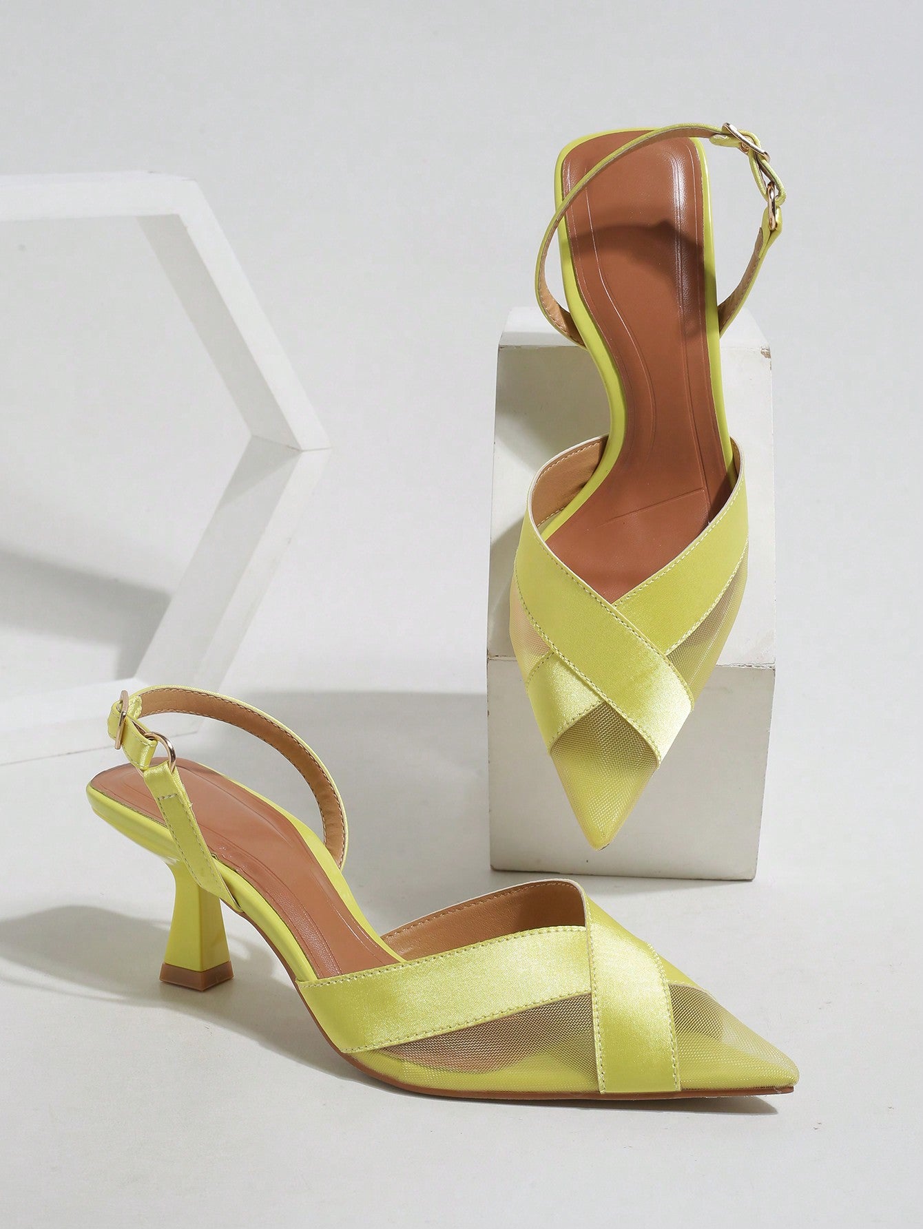 Women's Minimalist Sheer Mesh Open Toe Heels And Cross Strapped Satin High Heel Shoes For Outdoor, Daily Wear In Summer