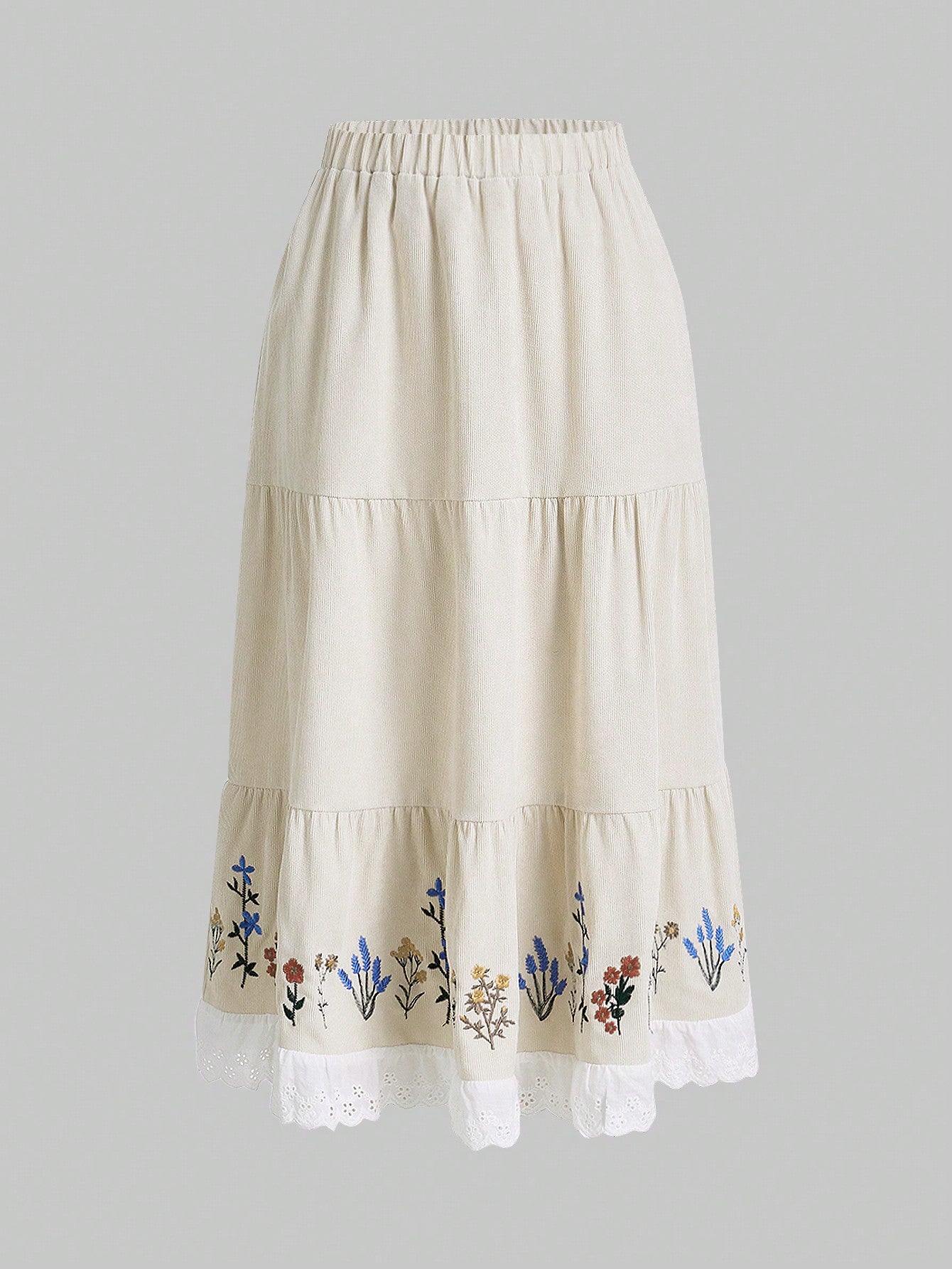 Fairycore Floral Embroidery Contrast Lace Ruffle Hem Skirt