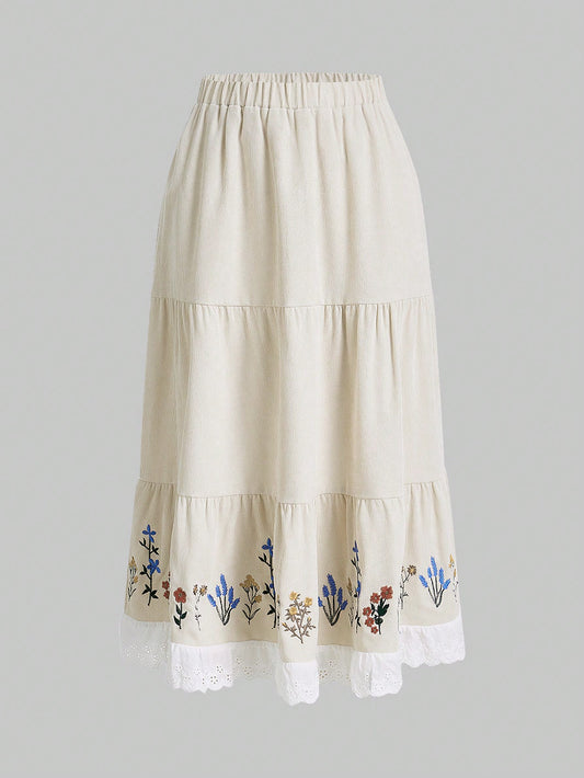 Fairycore Floral Embroidery Contrast Lace Ruffle Hem Skirt