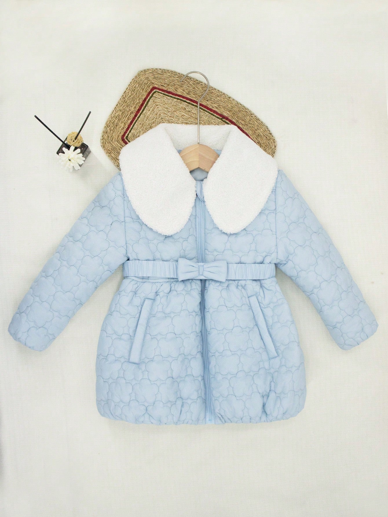 Young Girl Floral Jacquard Borg Collar Belted Quilted Coat