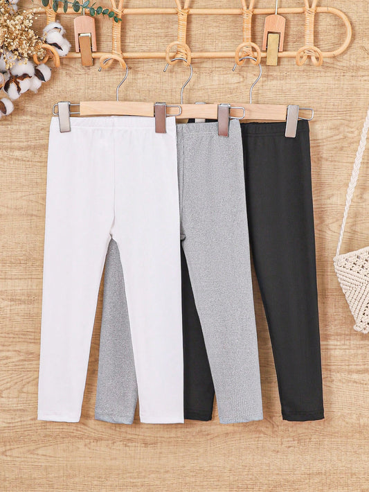 Young Girl 3pcs Solid Ribbed Knit Leggings