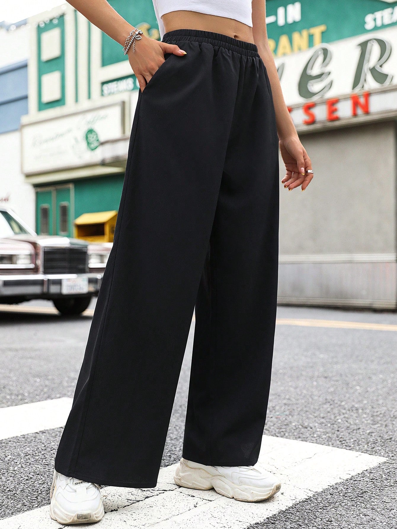 Elastic Waist Solid Color Wide Leg Pants For Casual Wear