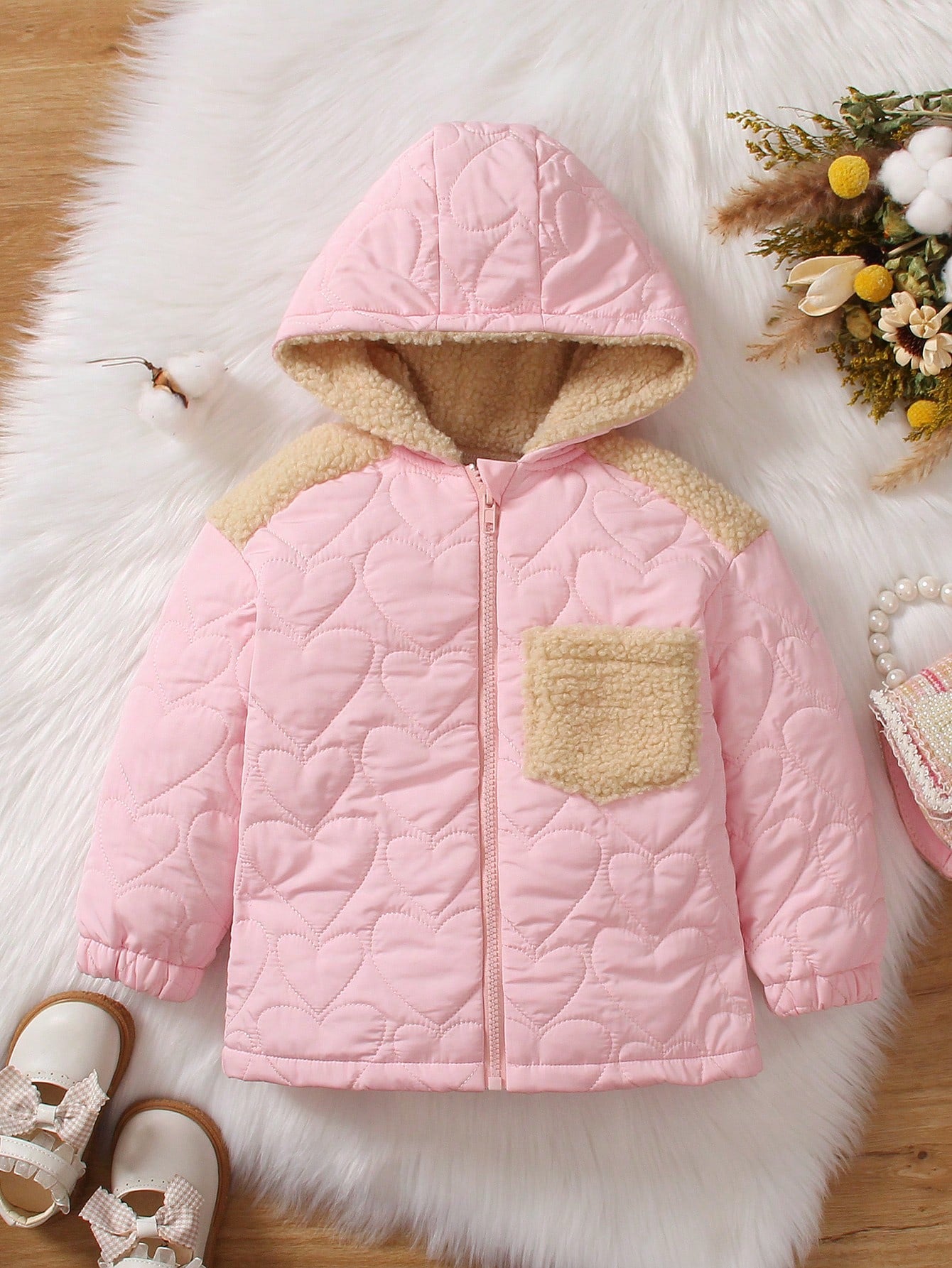 Young Girl Colorblock Patched Pocket Teddy Lined Hooded Onion Quilted Coat