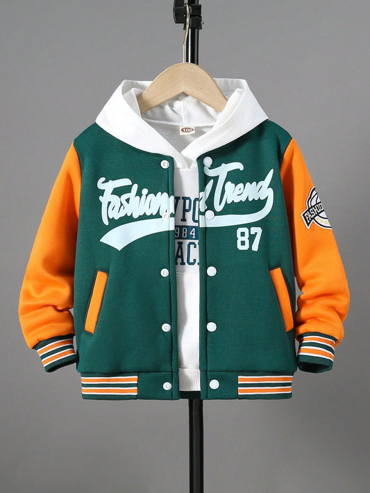 Young Boy Letter Graphic Striped Trim Colorblock Varsity Jacket Without Hoodie