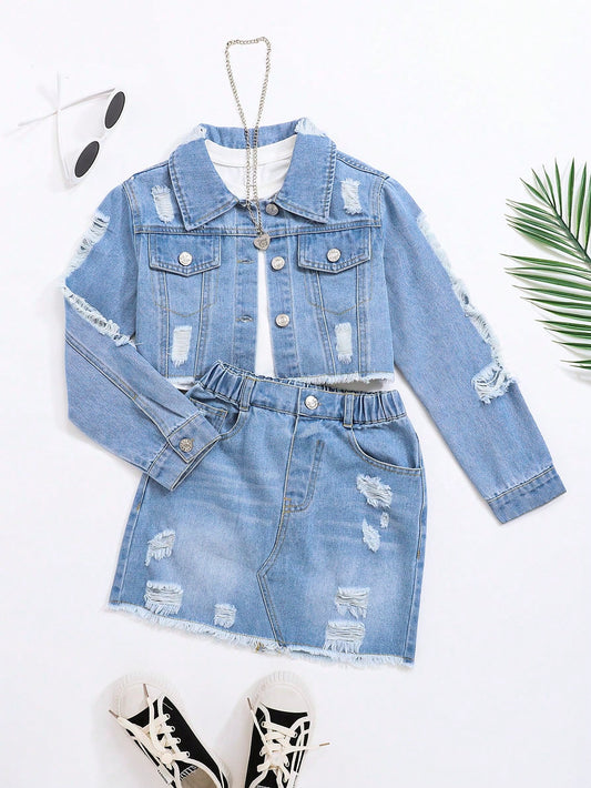 Tween Girl Ripped Raw Hem Denim Jacket & Skirt Without Tee