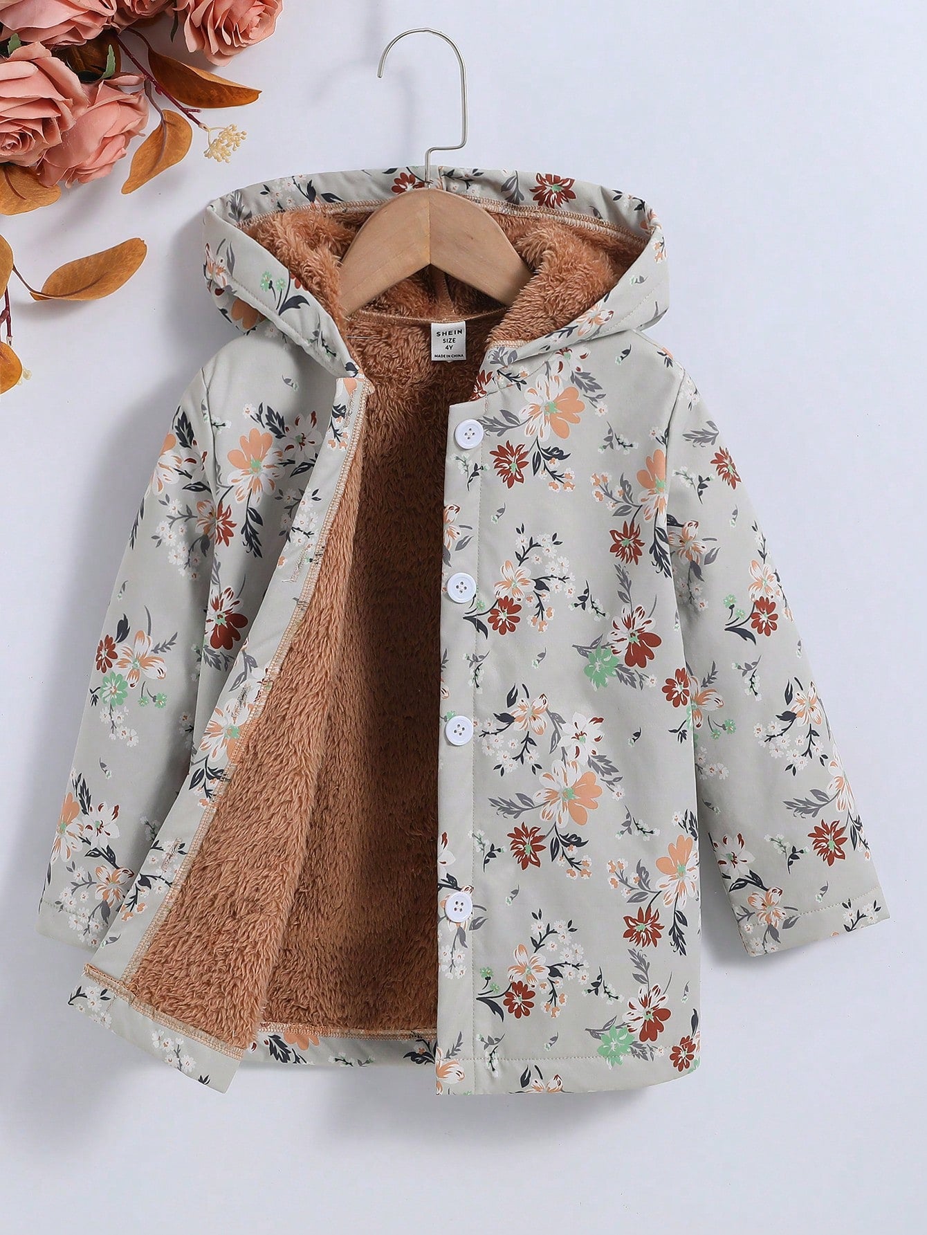 Young Girl Floral Print Teddy Lined Hooded Coat