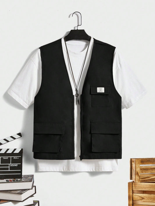 Men Letter Patched Detail Flap Pocket Vest Without Tee