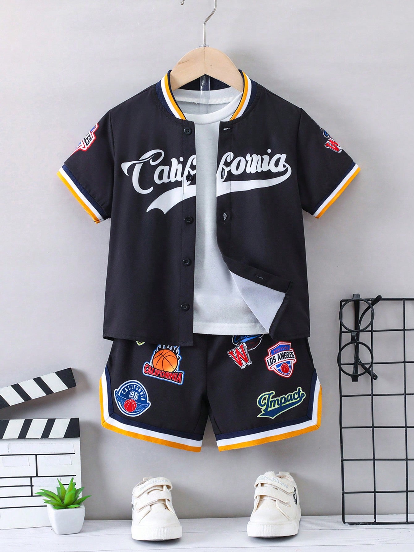 Young Boy Letter Graphic Striped Trim Baseball Collar Shirt & Shorts Without Tee