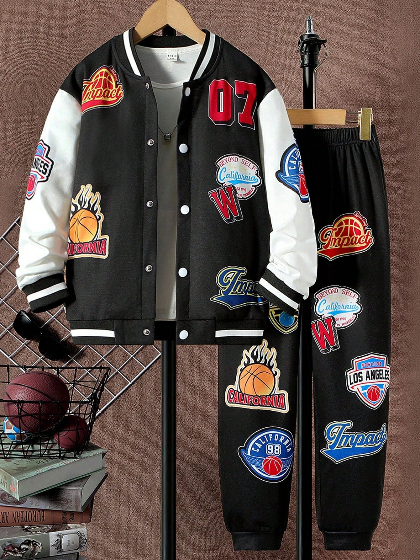 Tween Boy Letter Graphic Two Tone Varsity Jacket & Sweatpants Without Tee