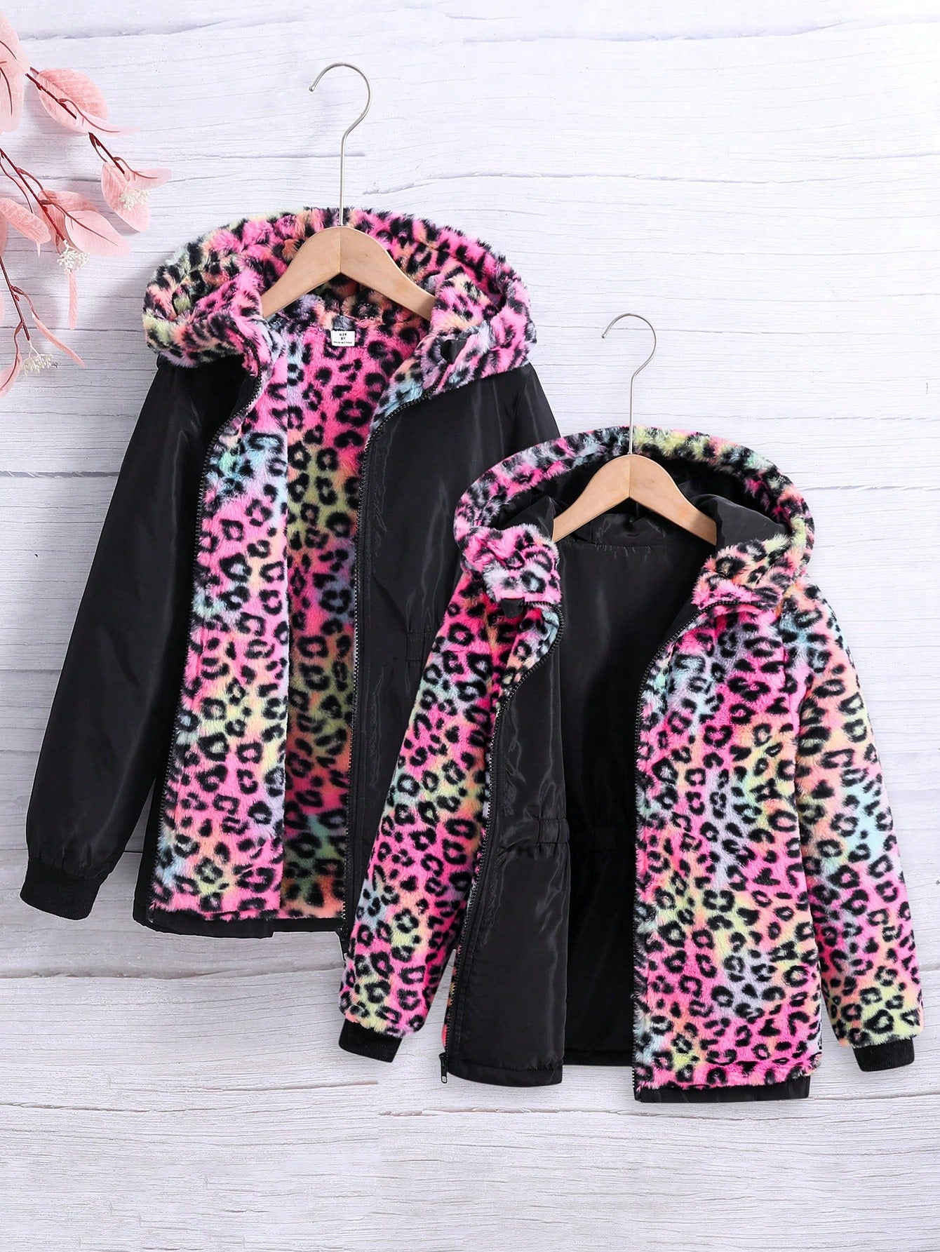 Tween Girl 1pc Leopard Print Hooded Thermal Lined Reversible Coat