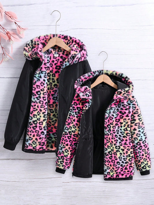 Tween Girl 1pc Leopard Print Hooded Thermal Lined Reversible Coat