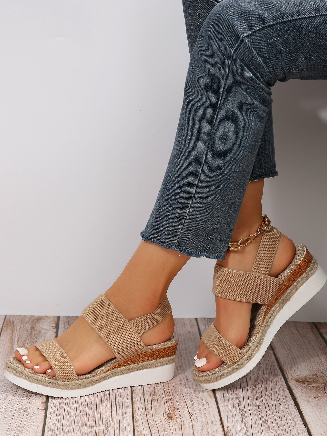 Summer New Style Women High Heels Increase The Height, Waterproof Platform, Thick Bottom, Elastic Band, Open Toe, Wedge Sandals