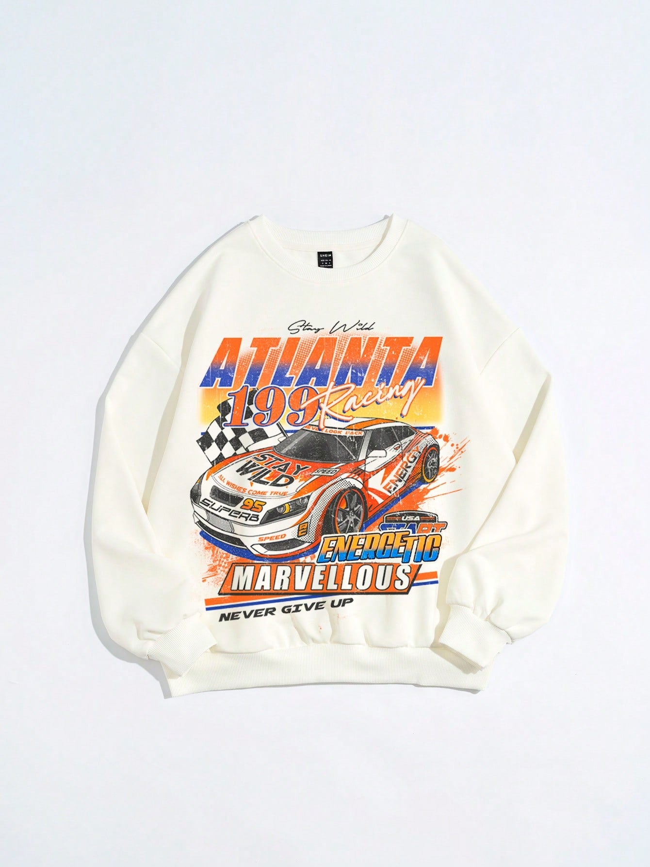 Leisure Car Logo Slogan Printed Wide Round Neck Drop-Shoulder Women's Oversized Sweatshirt Stay Wild ATLANTA 199 Racing EVE LOOK MACK STAY ALL WISHES COME TRUE 95 SUPERB SPEED ENERGY USA ENERGETIC MARVELLOUS NEVER GIVE UP