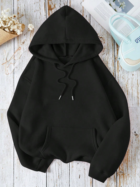 Solid Kangaroo Pocket Drawstring Thermal Lined Hoodie