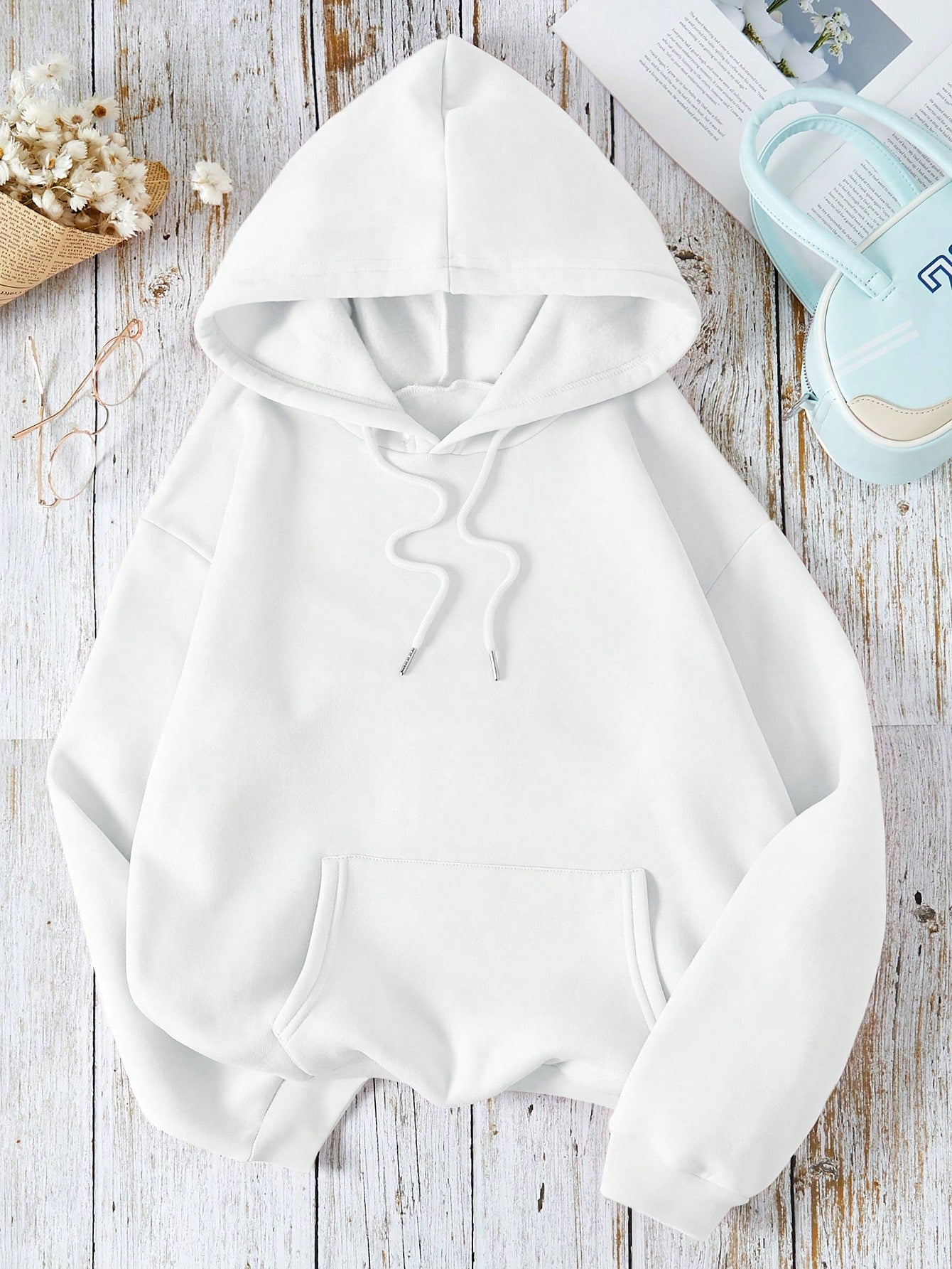 Solid Kangaroo Pocket Drawstring Thermal Lined Hoodie