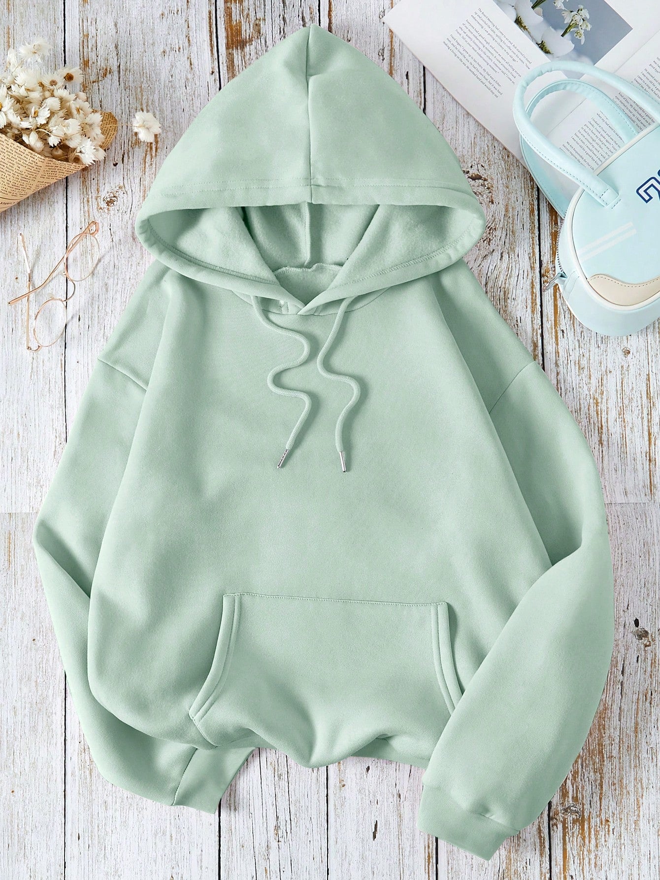 Solid Kangaroo Pocket Drawstring Thermal Lined Hoodie