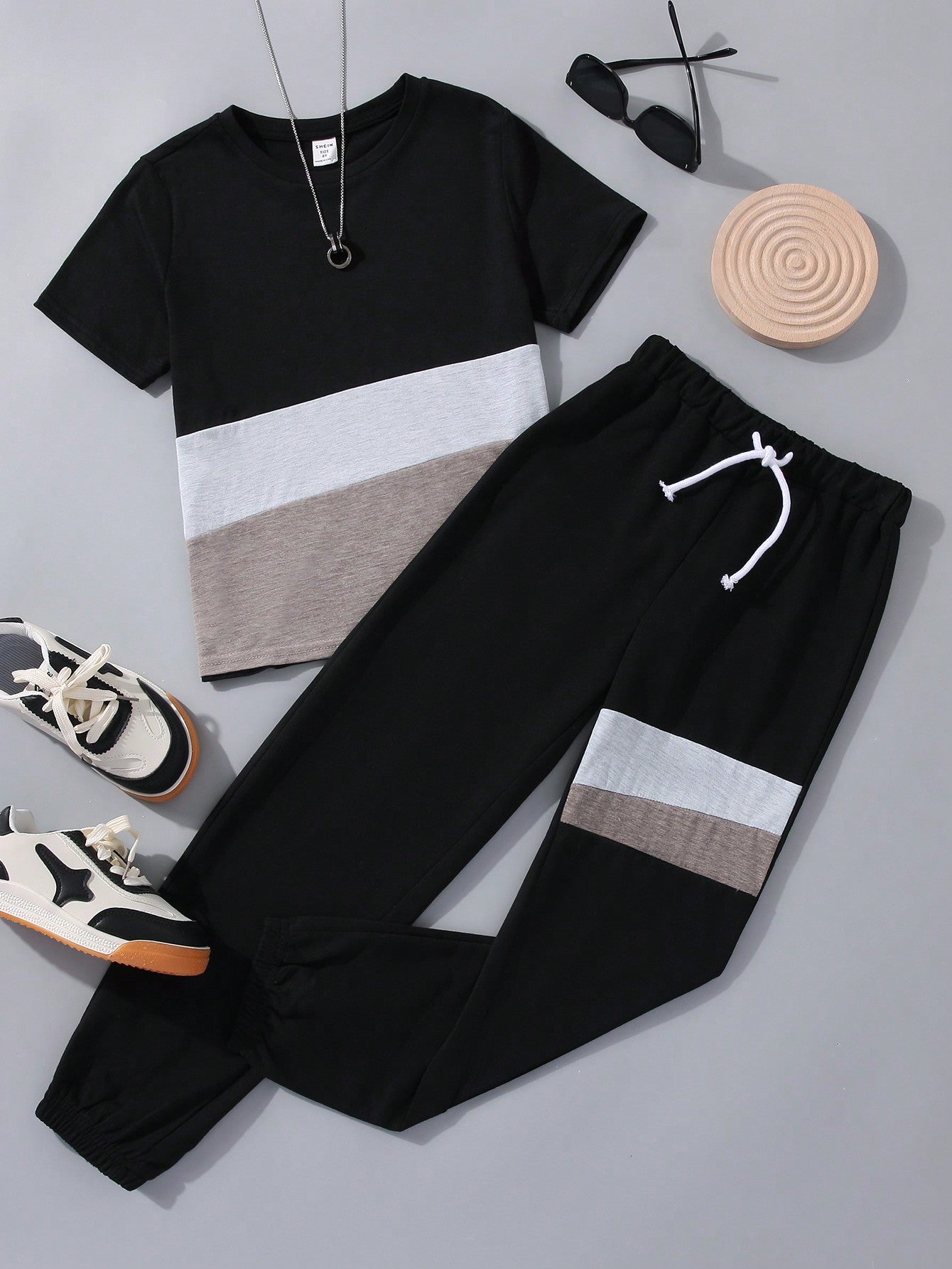 Tween Boy Casual Sporty Color Block T-Shirt & Drawstring Waist Pants