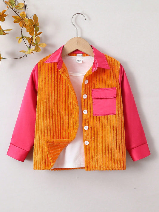 Young Girl Colorblock Flap Pocket Corduroy Coat Without Tee