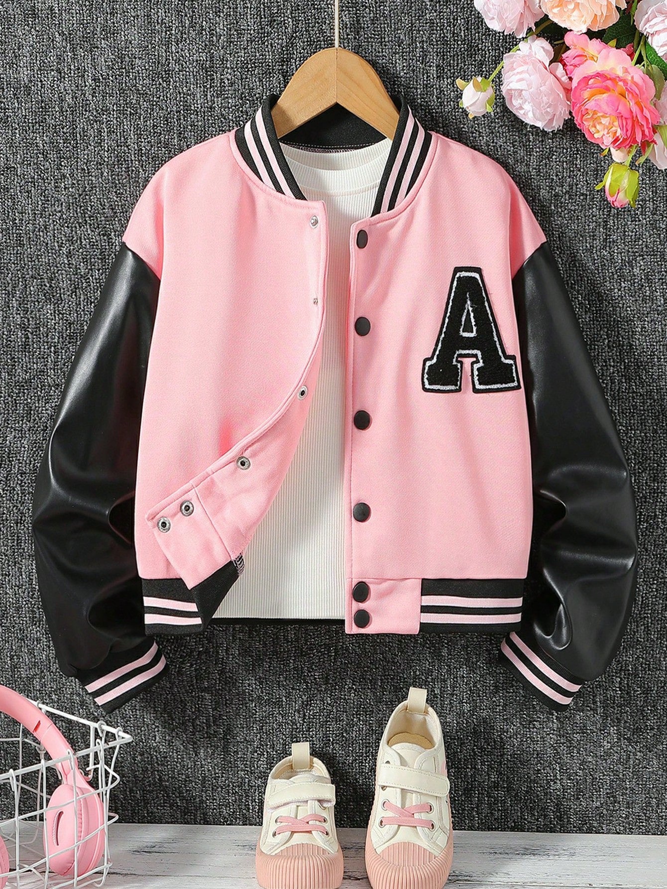 Tween Girl 1pc Letter Patched Striped Trim Drop Shoulder Varsity Jacket