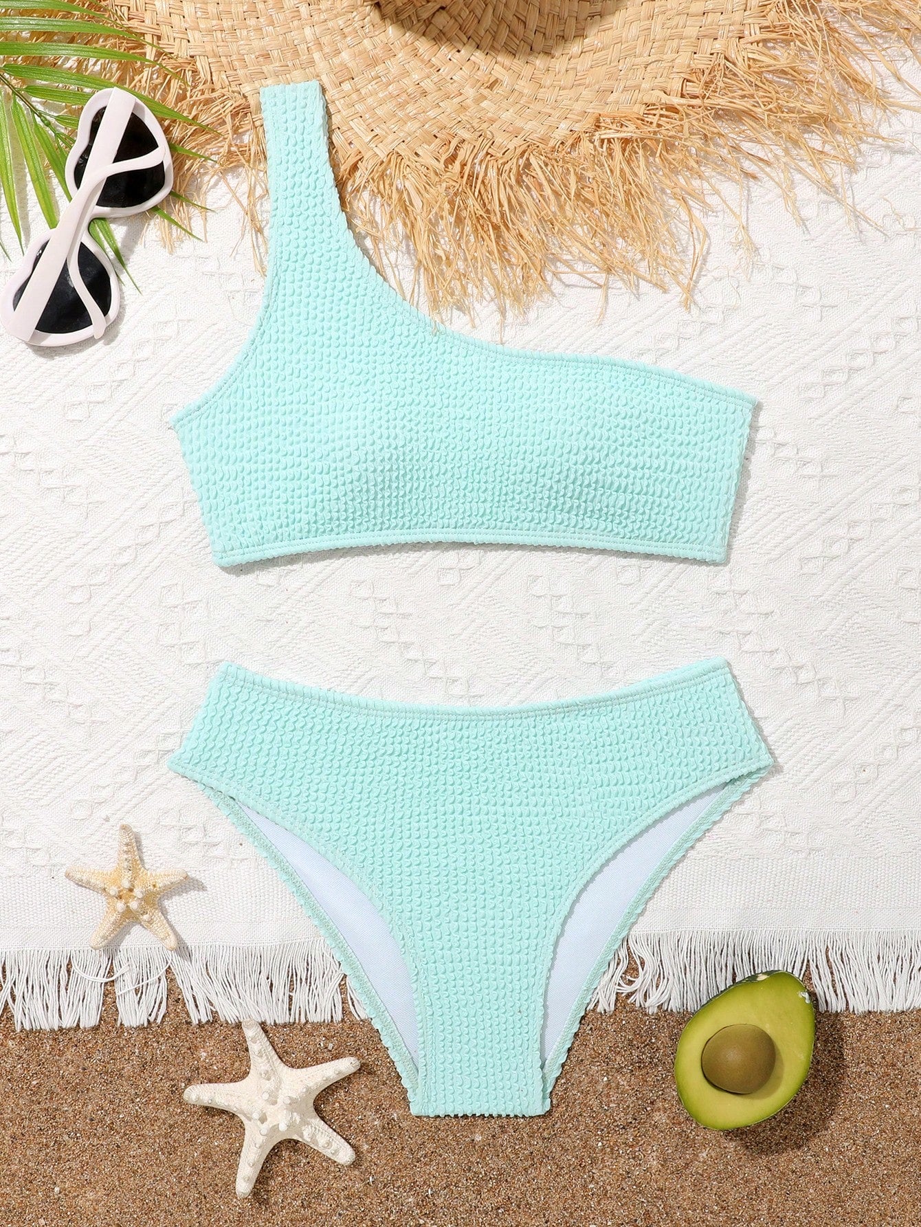 Tween Girl Plain One Shoulder Bikini Set Summer Beach