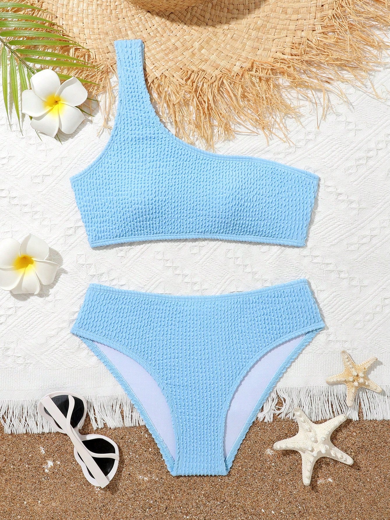 Tween Girl Plain Smocked One Shoulder Bikini Set Summer Beach