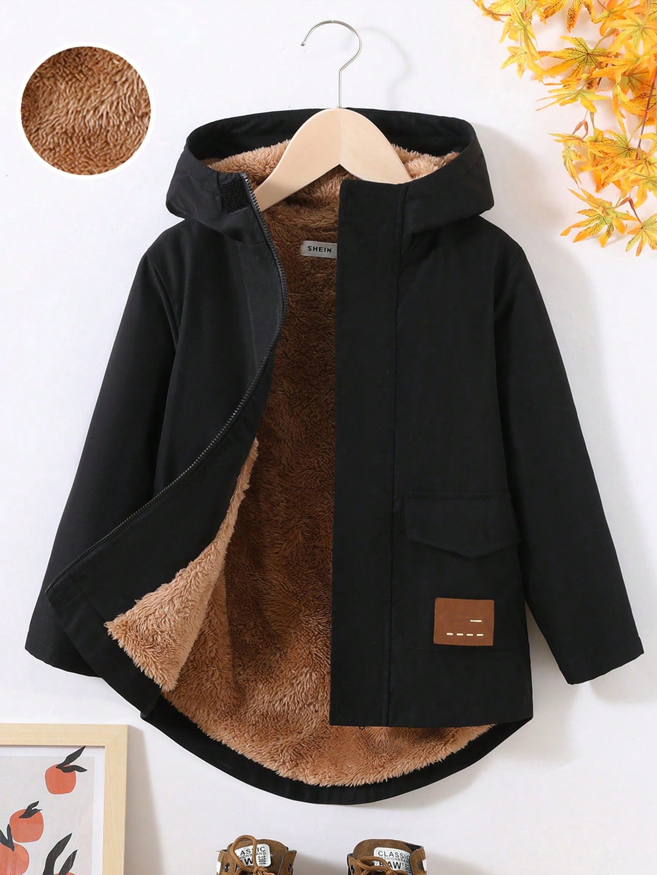 Young Boy Casual Solid Color Teddy Bear Lined Hooded Jacket With Mix-matched Letter Patchwork And Zipper Pocket Detail For Fall And Winter (thick And Warm)