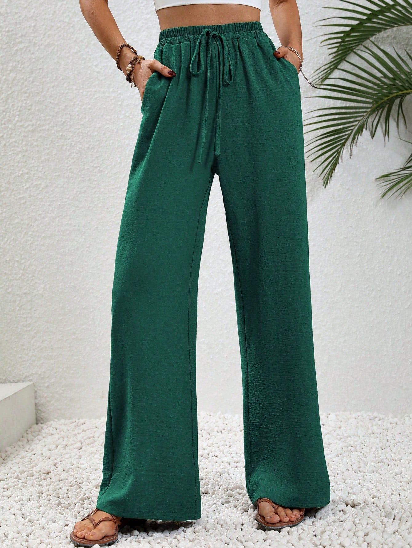 Women's Solid Color Waist-Tied Straight-Legged Wide Casual Pants With Pockets