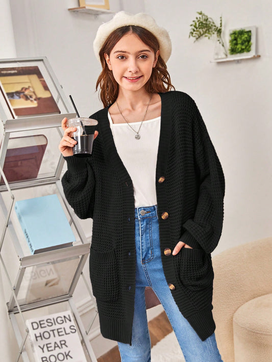 Teen Girl 1pc Drop Shoulder Pocket Patched Cardigan