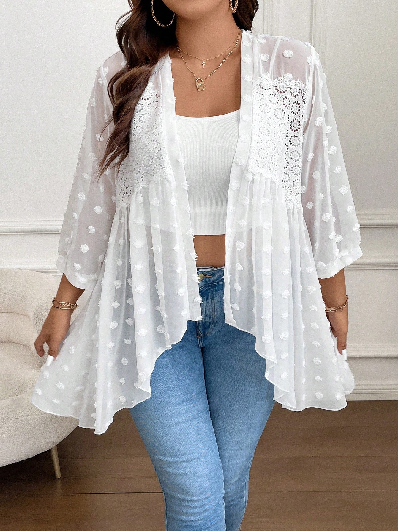 Plus Size Women's Fashionable Summer 3d Polka Dot Irregular Hem Jacket