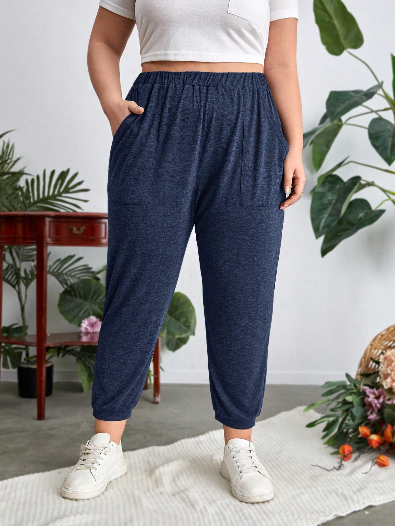 Plus Size Casual Striped Color-Blocking Jogger Pants