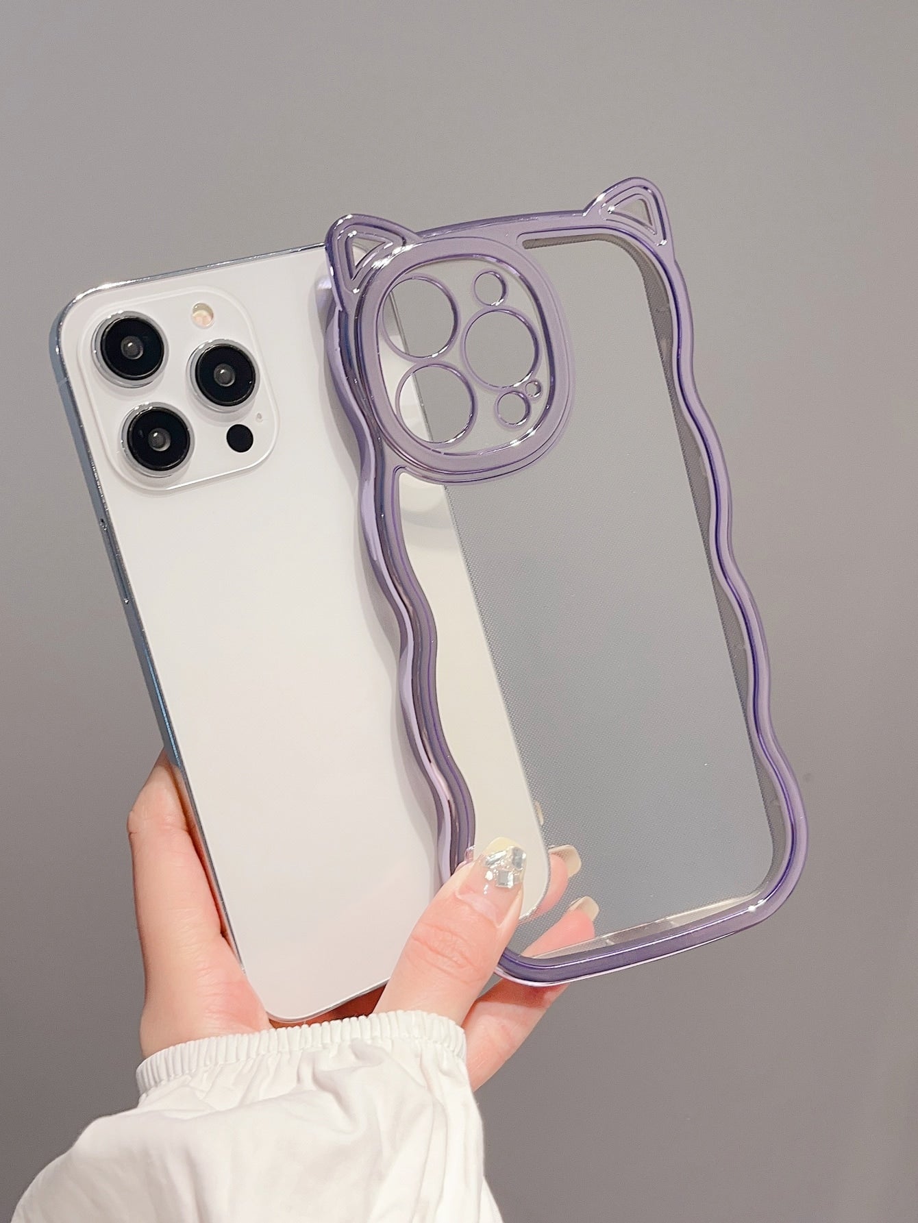 1pc Fashionable Thickened Shockproof Tpu Phone Case With Electroplated Purple Wave Edge And Cat Ear Shape, Compatible With Iphone