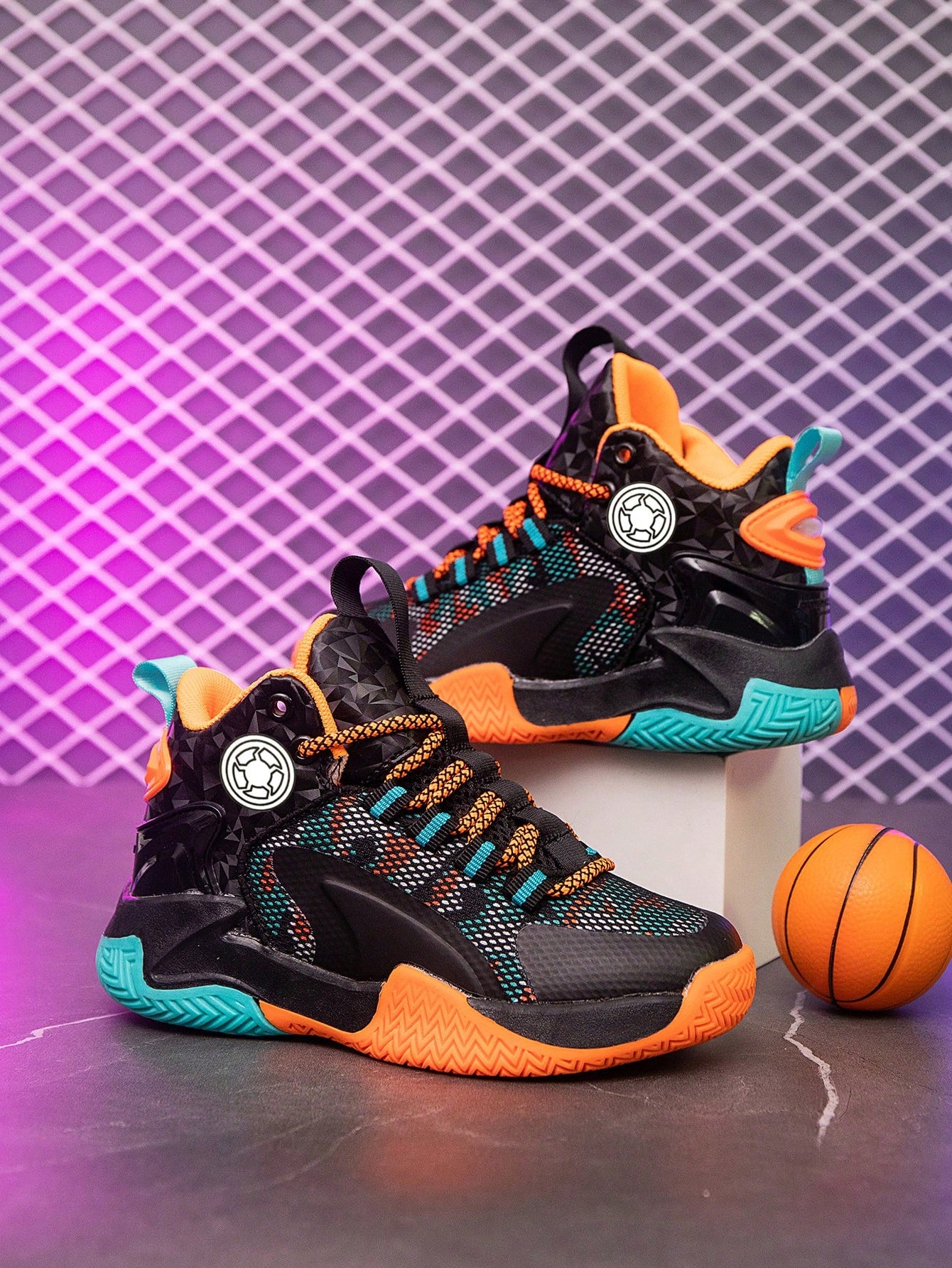 1pair Kids Basketball Shoes, Outdoor Sports Sneakers, Anti-Skid, Wear-Resistant, Fashionable, Suitable For 8-14 Years Old Boys And Girls, Mesh Material, Breathable, Colorful Design