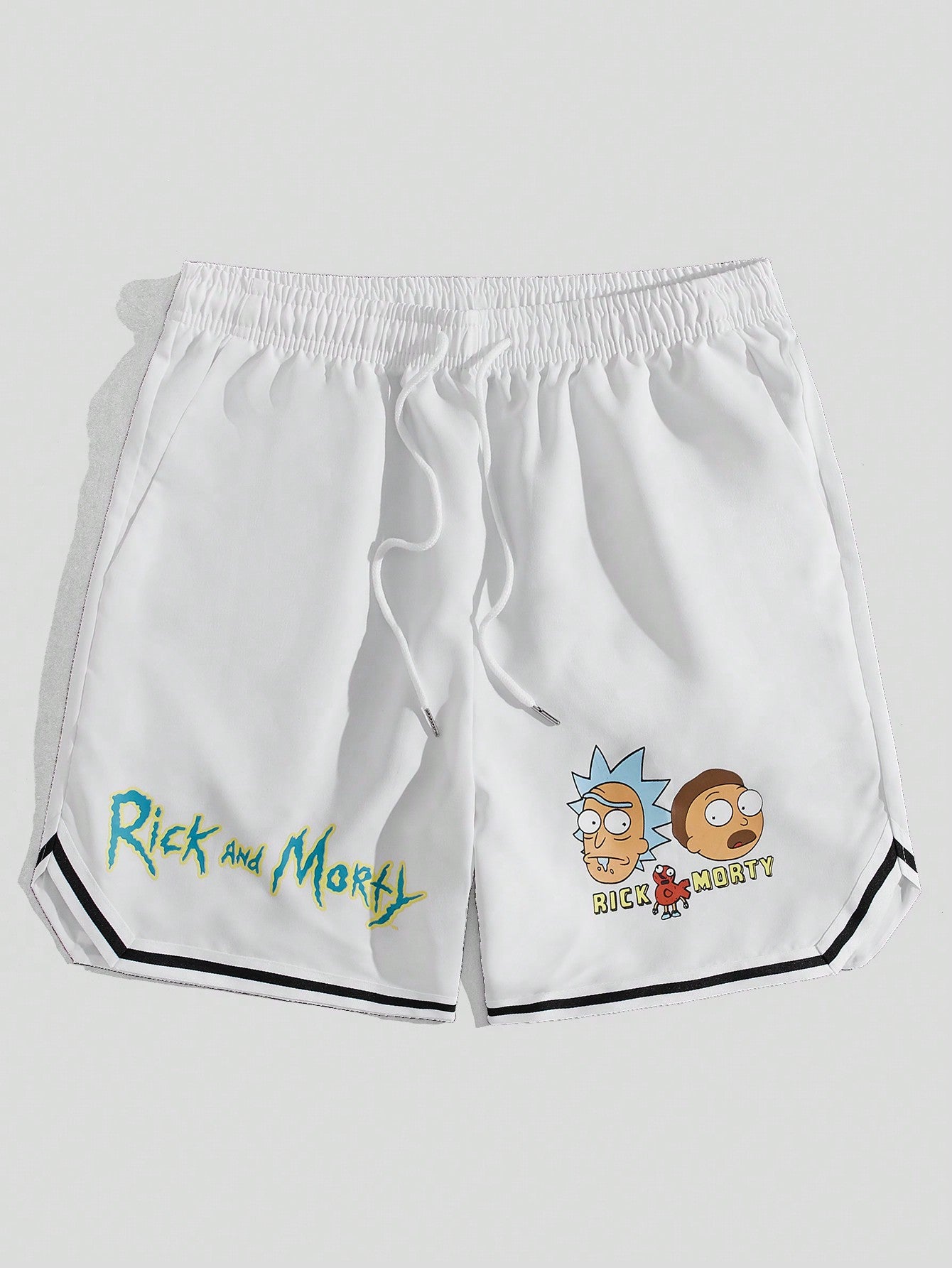 Rick and Morty | Men Cartoon & Letter Graphic Striped Trim Drawstring Waist Shorts, School