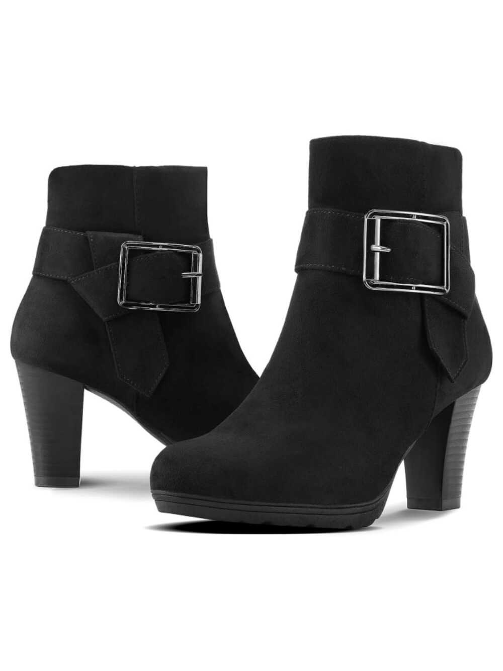 Women Wide Width Ankle Boots Classic Chunky Heel Ankle Strap Buckle Booties