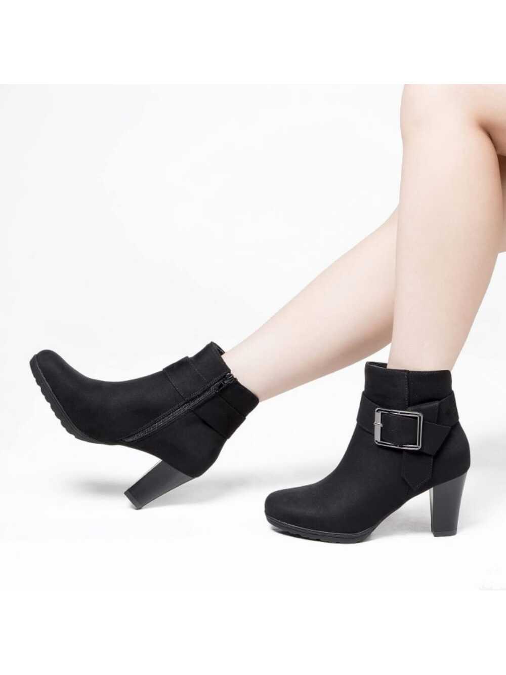 Women Wide Width Ankle Boots Classic Chunky Heel Ankle Strap Buckle Booties