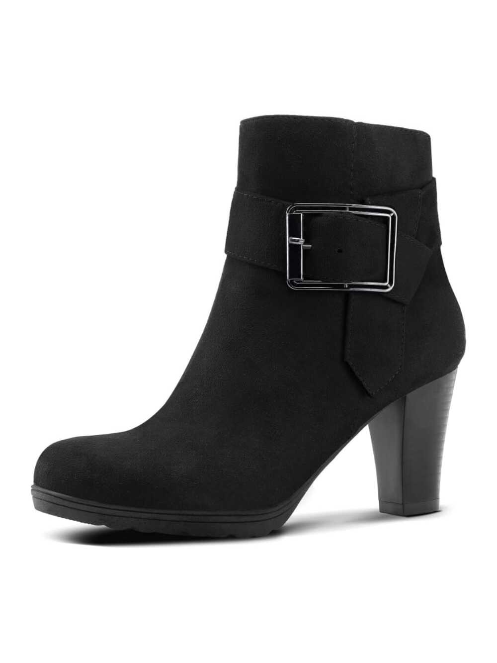 Women Wide Width Ankle Boots Classic Chunky Heel Ankle Strap Buckle Booties