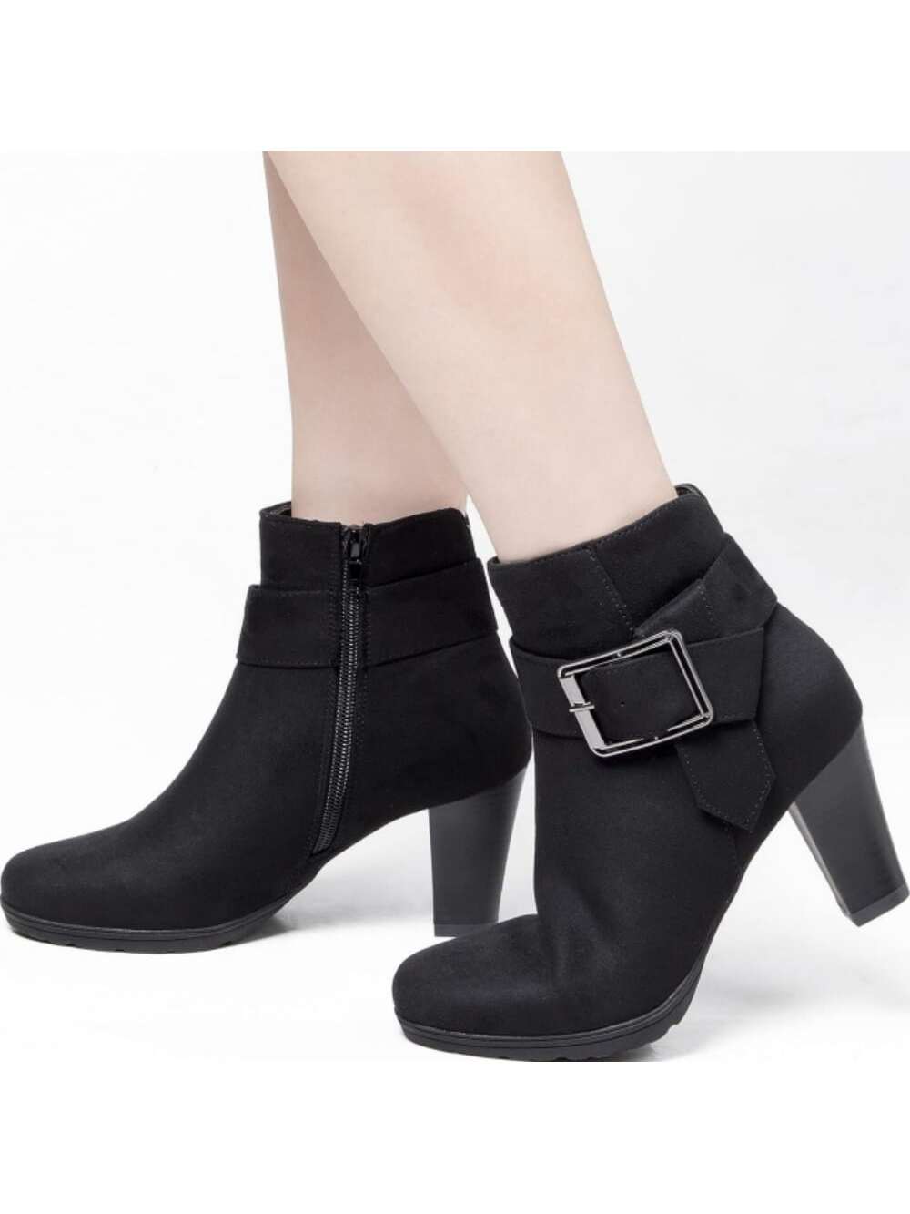 Women Wide Width Ankle Boots Classic Chunky Heel Ankle Strap Buckle Booties