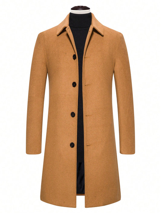 Men 1pc Button Front Solid Overcoat