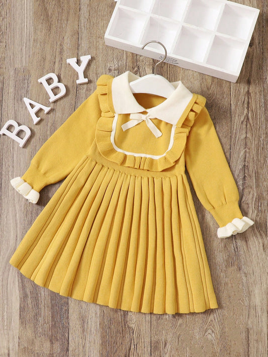 Young Girl Bow Front Ruffle Trim Flounce Sleeve Pleated Hem Sweater Dress