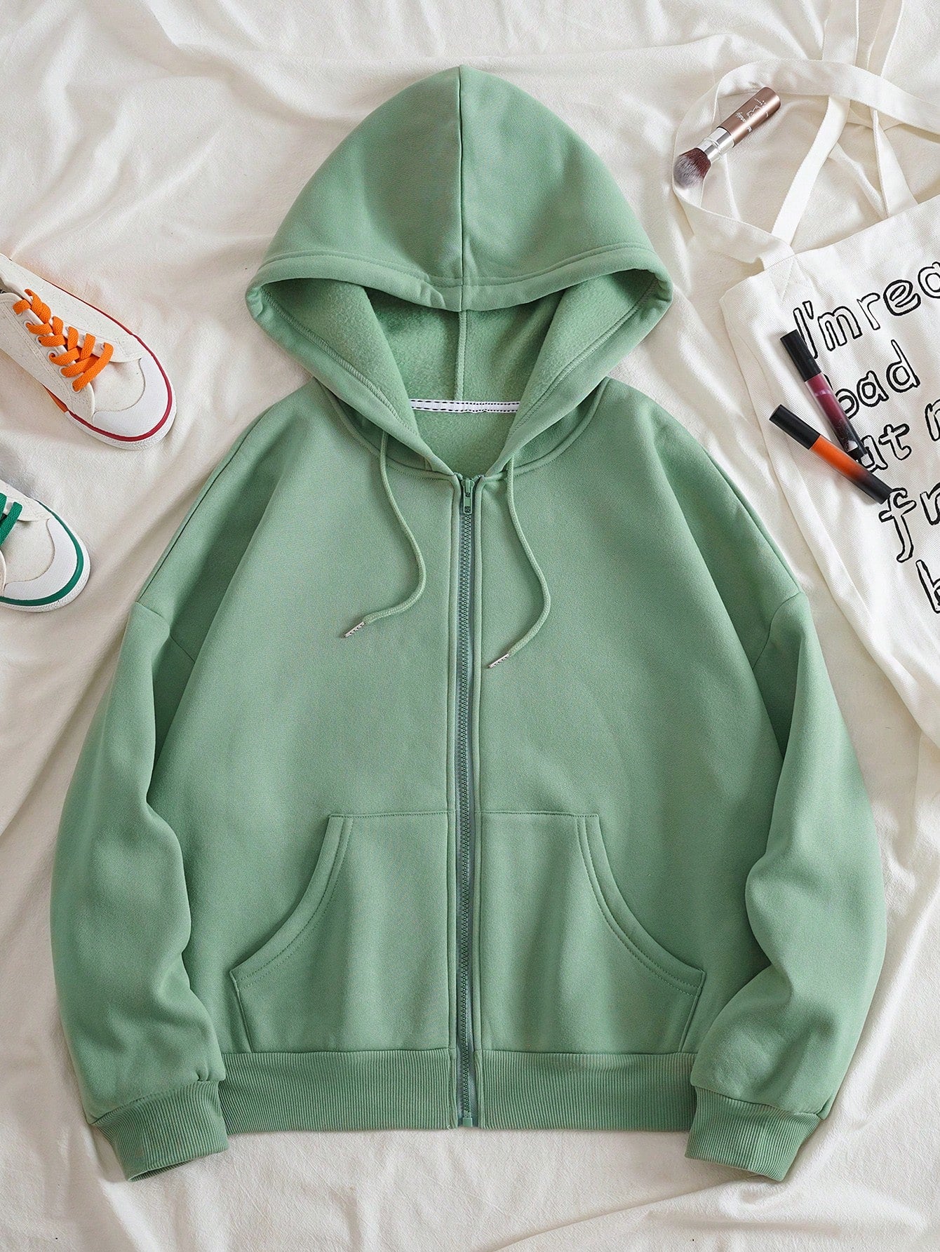 Zip Up Drop Shoulder Drawstring Thermal Lined Hoodie