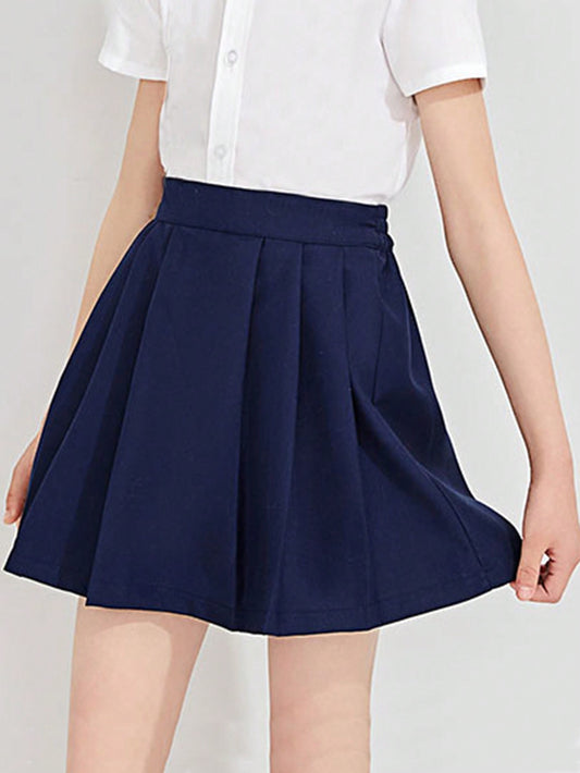 Tween Girls' Sporty Skateboarding Solid Color Short Skirt With Elastic Waist And Pleats, Suitable For School Uniform Or Performance