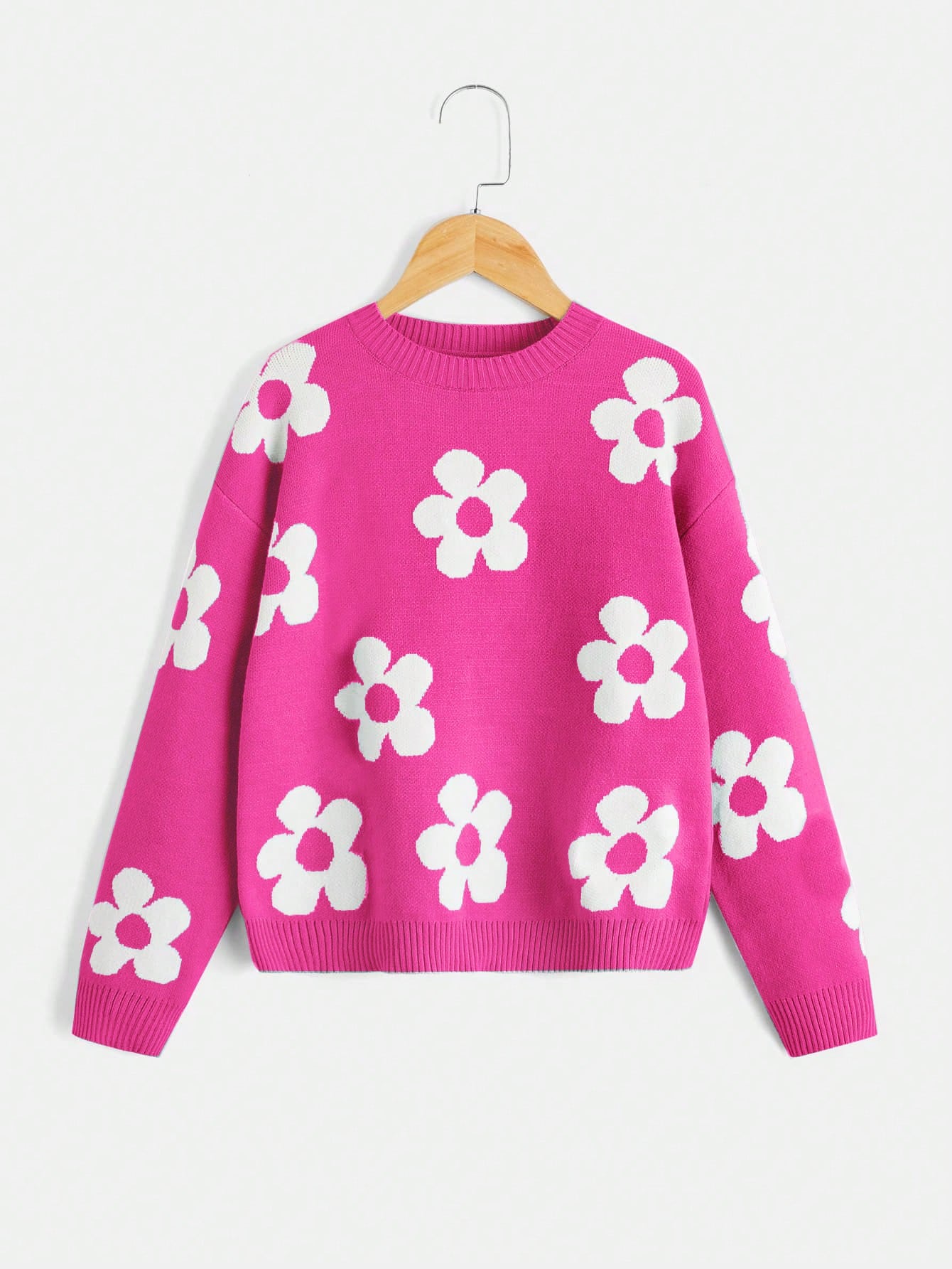 Tween Girl Floral Pattern Drop Shoulder Sweater