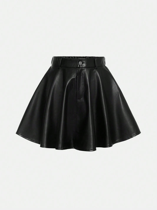 Teen Girl Plain Sunflower Swing PU Leather Casual Skirt