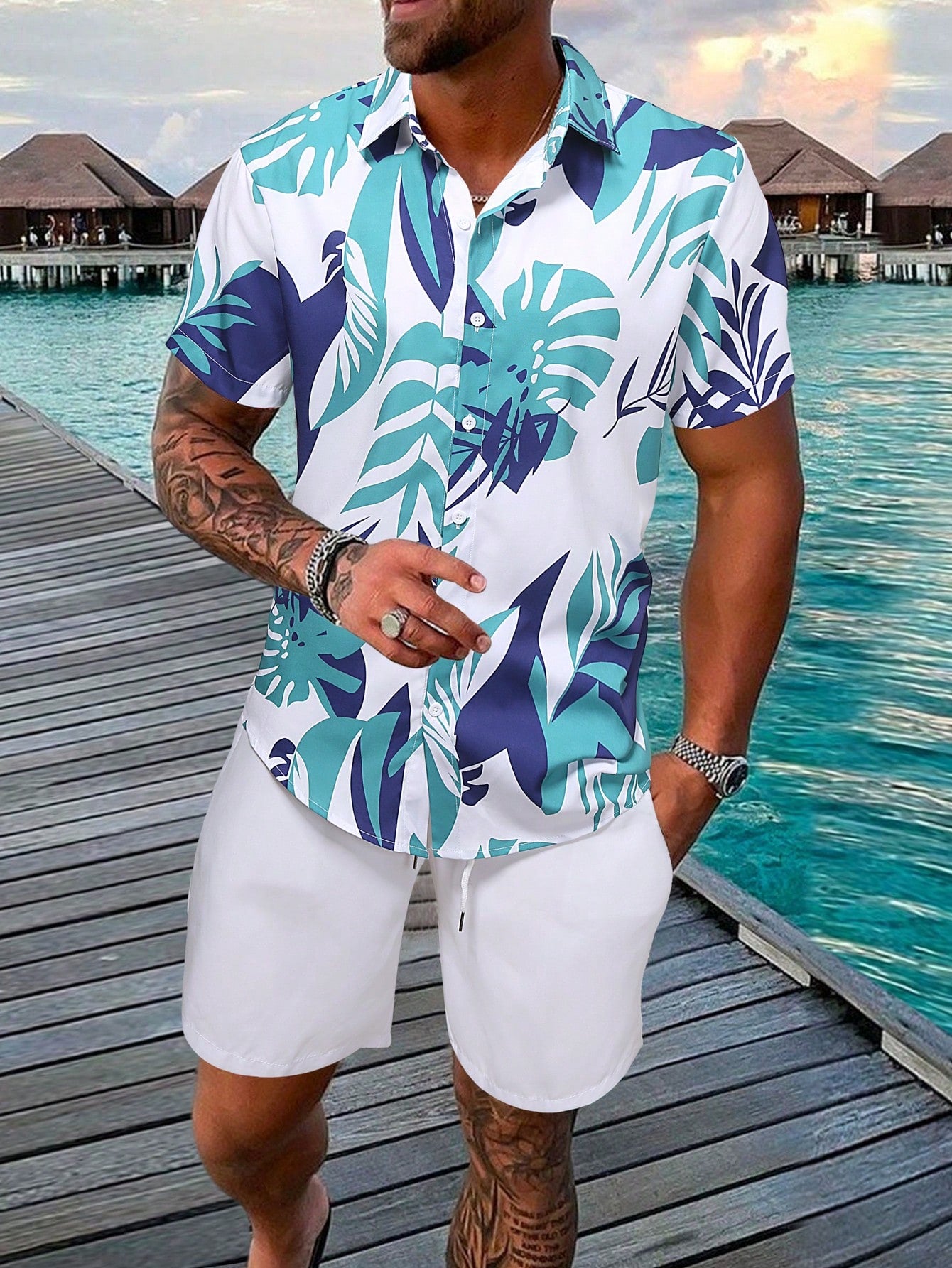 Men Tropical Print Shirt & Shorts