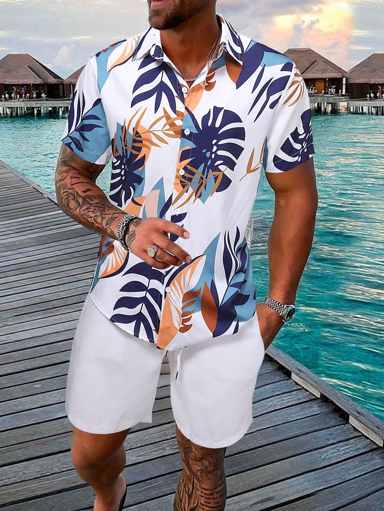 Men Tropical Print Shirt & Shorts