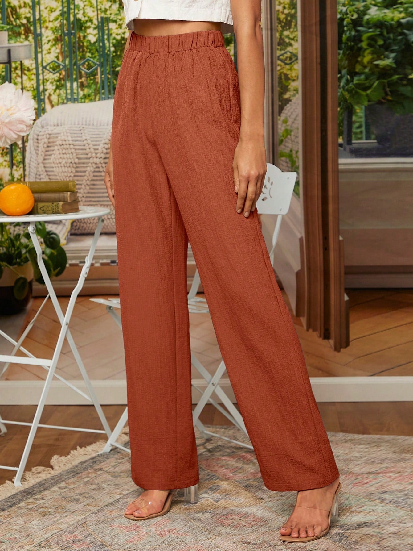 Solid Elastic Waist Straight Leg Pants